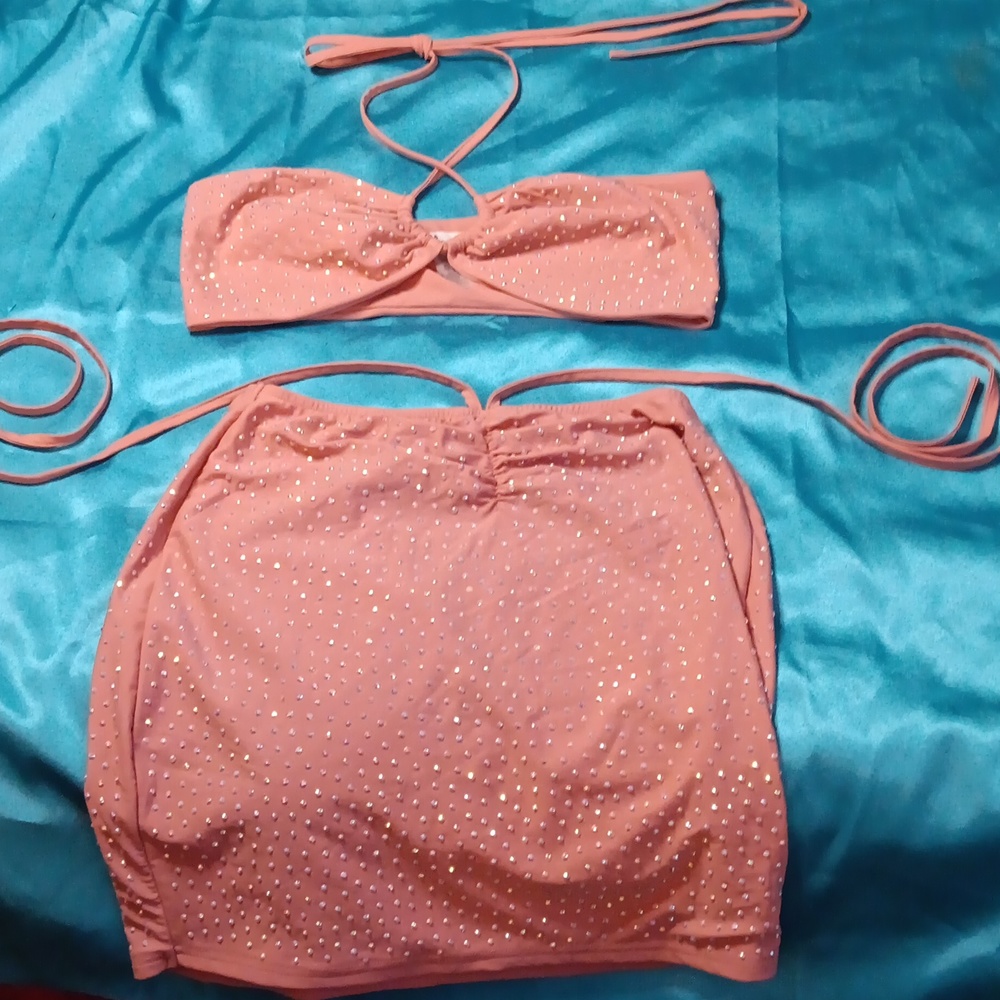 Dolls Kill × Hot & Delicious AB Rhnestone Crop Top & Skirt 2pc Set (M)